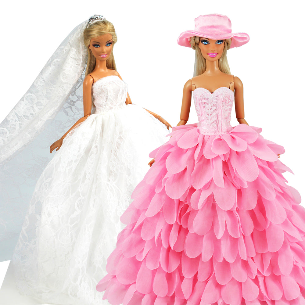 BARWA white wedding dress with veil and pink princess evening dress gown gown suit with hat fits 11.5 inch girl doll