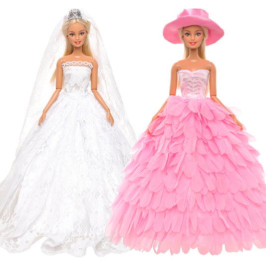 BARWA white wedding dress with veil and pink princess evening dress gown gown suit with hat fits 11.5 inch girl doll