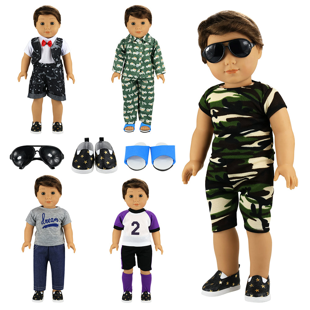 BARWA Boy Doll Costume 5-piece Boy Doll Costume 2 Pairs of Shoes 1 Pair of Glasses Suitable for 18-inch Boy Doll Costume