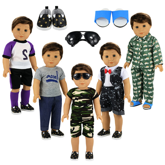 BARWA Boy Doll Costume 5-piece Boy Doll Costume 2 Pairs of Shoes 1 Pair of Glasses Suitable for 18-inch Boy Doll Costume