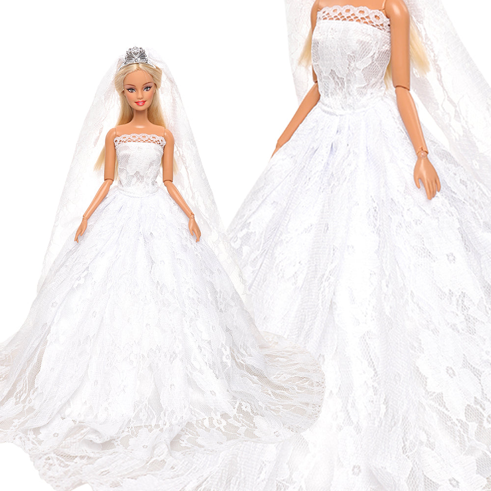BARWA white wedding dress with veil and pink princess evening dress gown gown suit with hat fits 11.5 inch girl doll