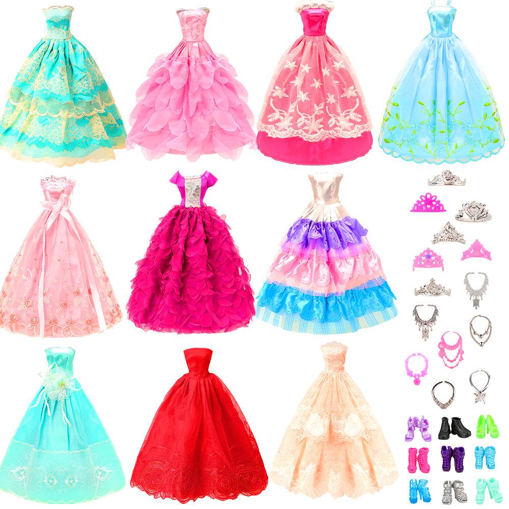 BARWA 10 dresses with 17 accessories handmade doll clothing and accessories wedding party dresses, suitable for 11.5-inch dolls
